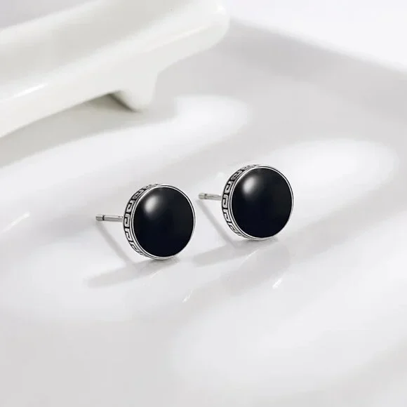 🆕 6mm Onyx Button Greek Style 18K White Gold Earring Studs  🆕 Hypoallergenic - Picture 8 of 8